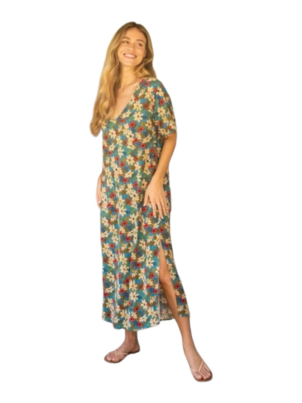 Natural Life Claire Floral V-Neck Side Slit Maxi Dress misses size L